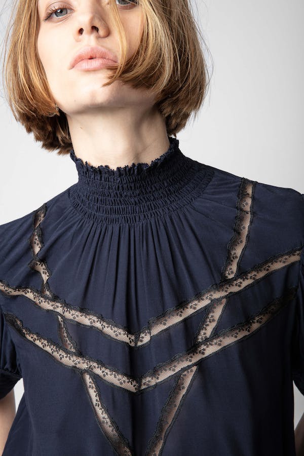 Zadig & Voltaire Smock Neck Blouse w/ Lace Details - Navy