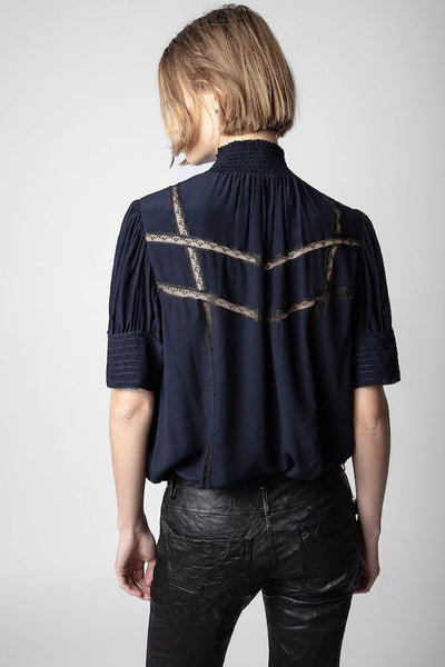 Zadig & Voltaire Smock Neck Blouse w/ Lace Details - Navy