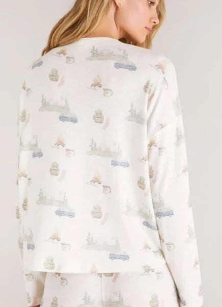 Z Supply Comfy Henley LS Top w/ Camper Print - Ivory