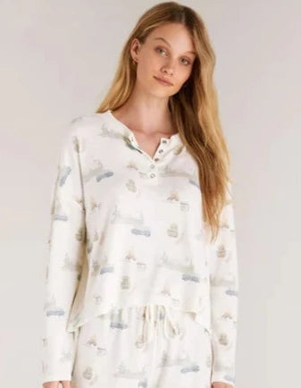 Z Supply Comfy Henley LS Top w/ Camper Print - Ivory