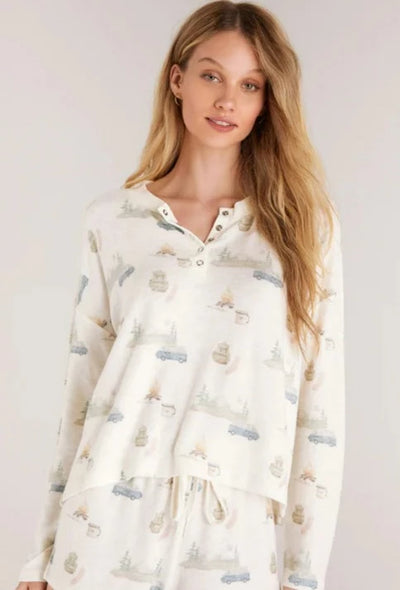 Z Supply Comfy Henley LS Top w/ Camper Print - Ivory