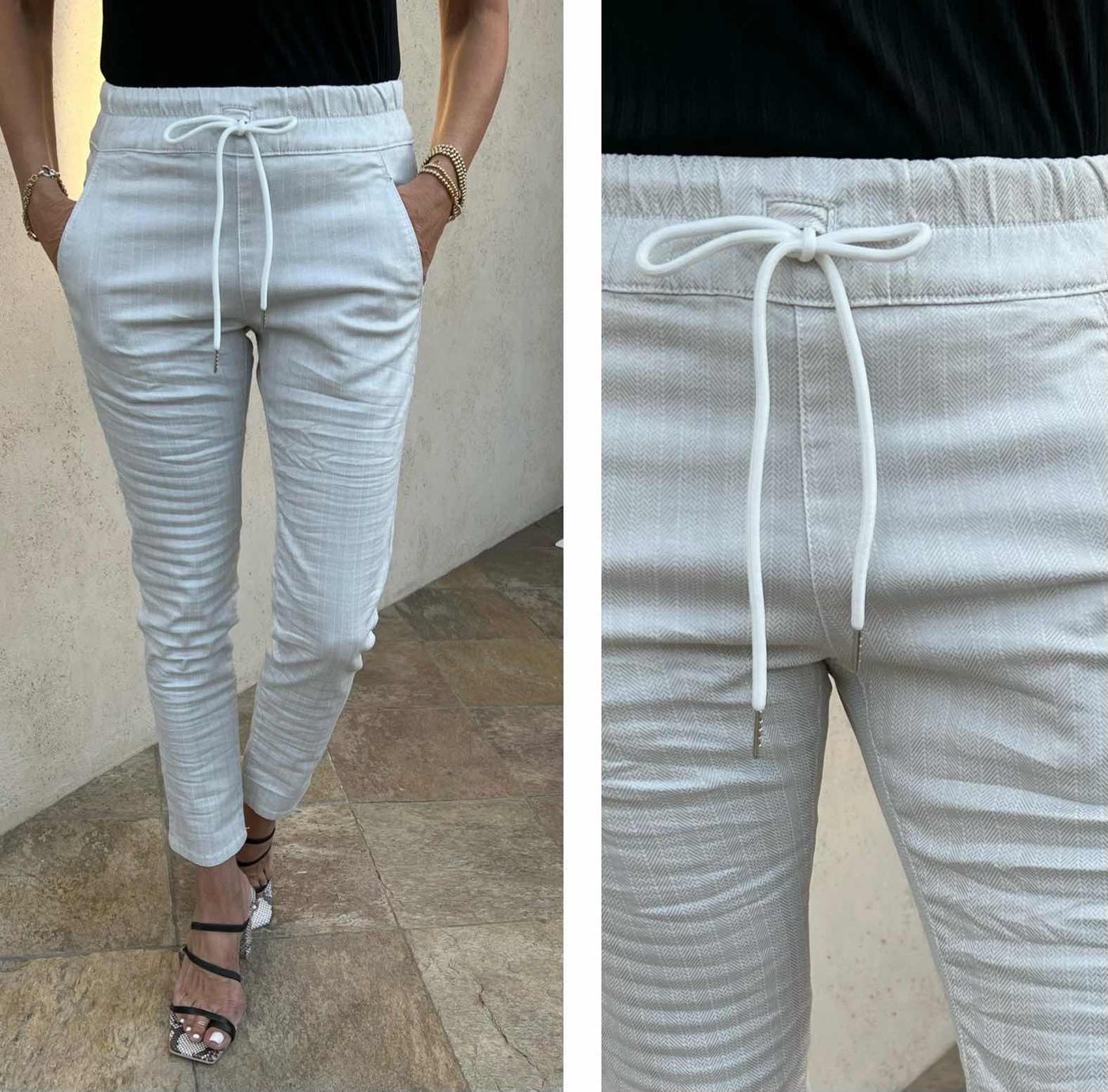 Bevy Flog Tie Front Platinum Herringbone Pants