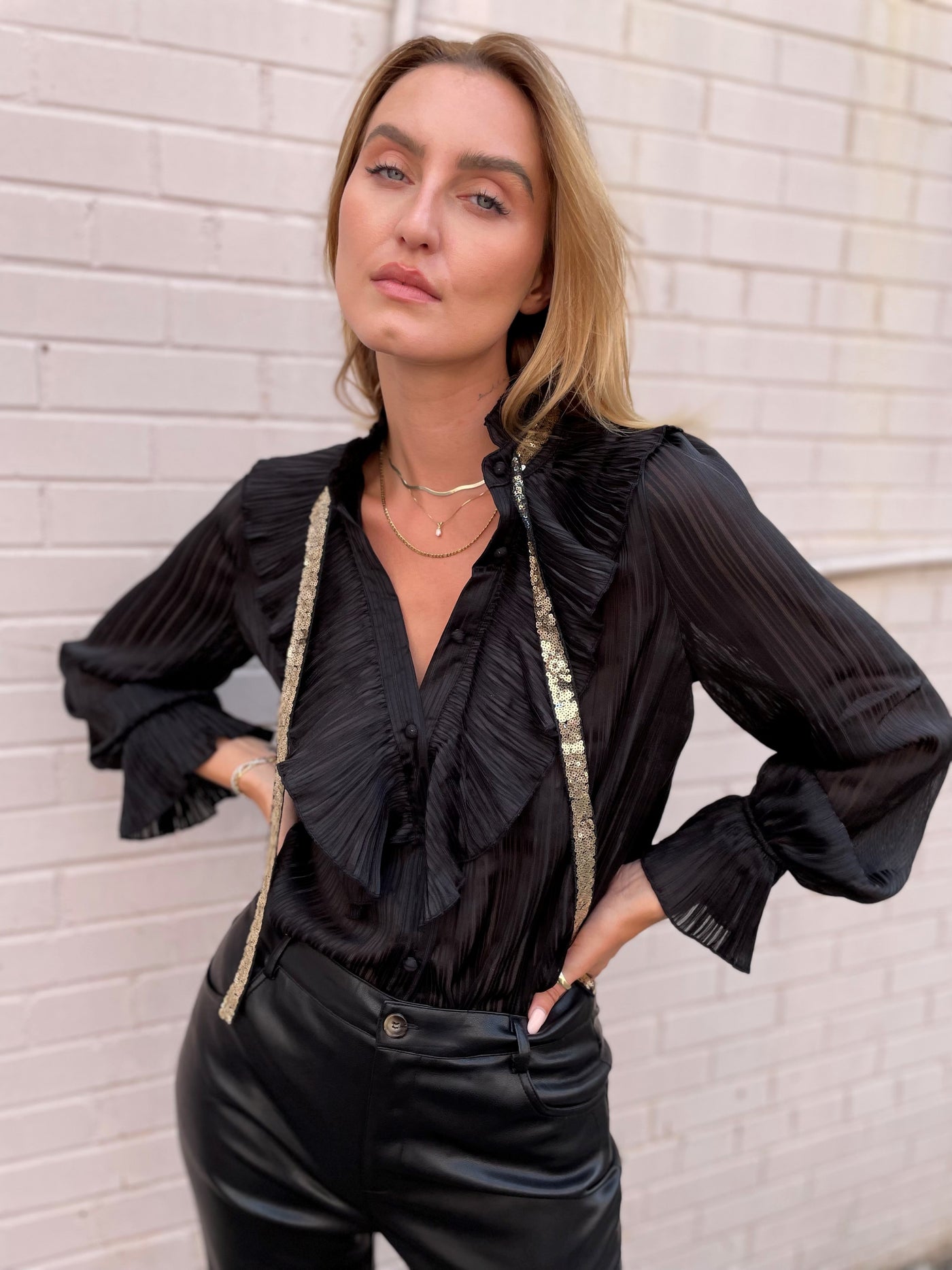 The Pink Door Ruffle w/ Gold Tie Blouse - Black