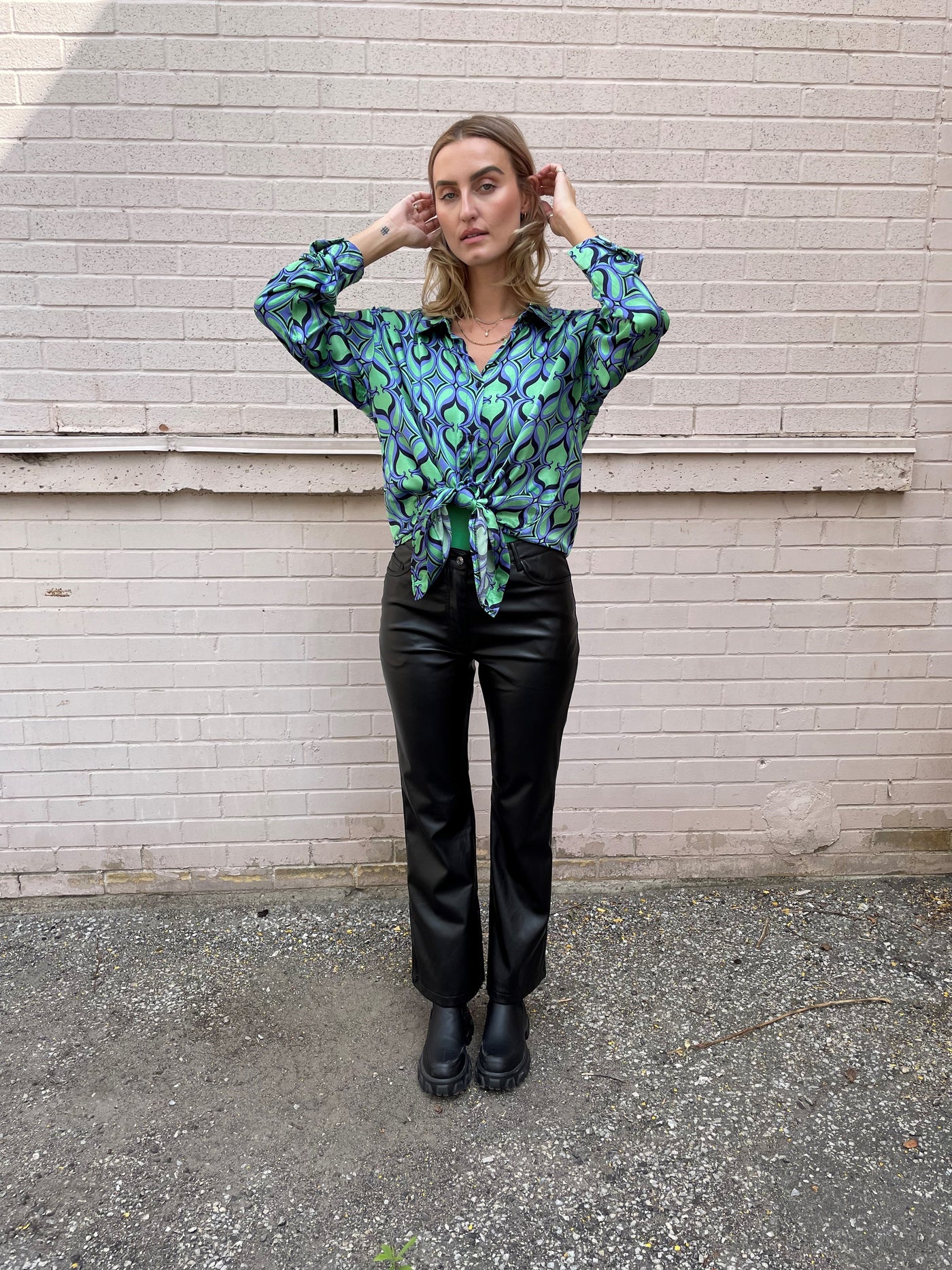 The Pink Door Green & Blue Print Silky Shirt