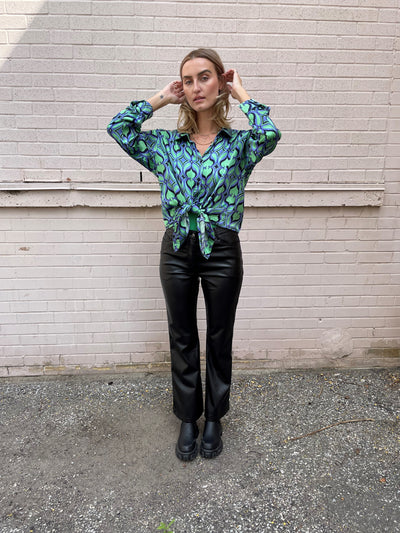 The Pink Door Green & Blue Print Silky Shirt