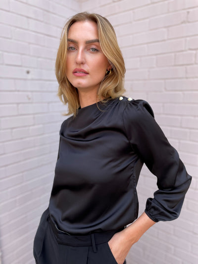 The Pink Door Pearl Detail Silky Top - Black