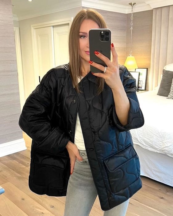 The Pink Door Oversized Thin Puffer Jacket Black