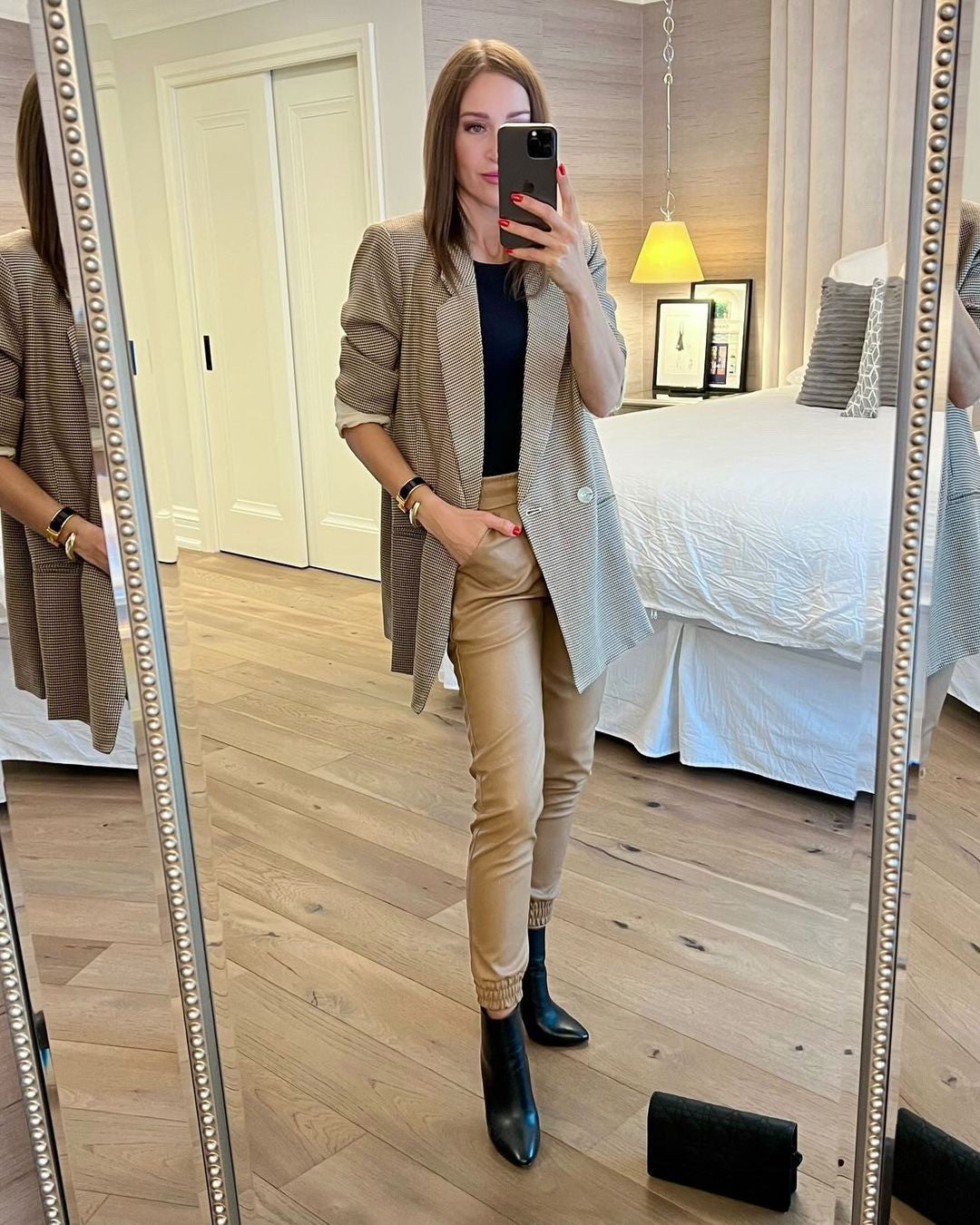 The Pink Door Faux Leather Joggers - Camel