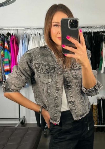 The Pink Door Rhinestone Black Denim Jacket