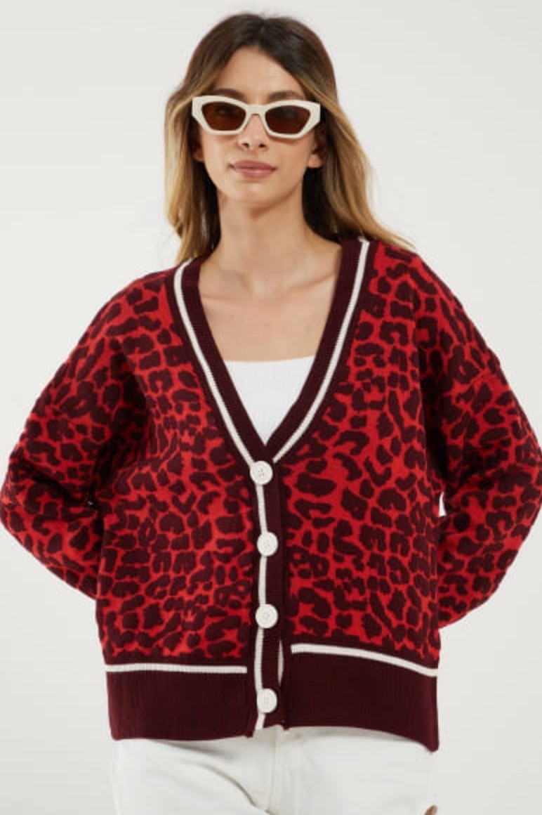The Pink Door Red & Maroon Leopard Print Cardi