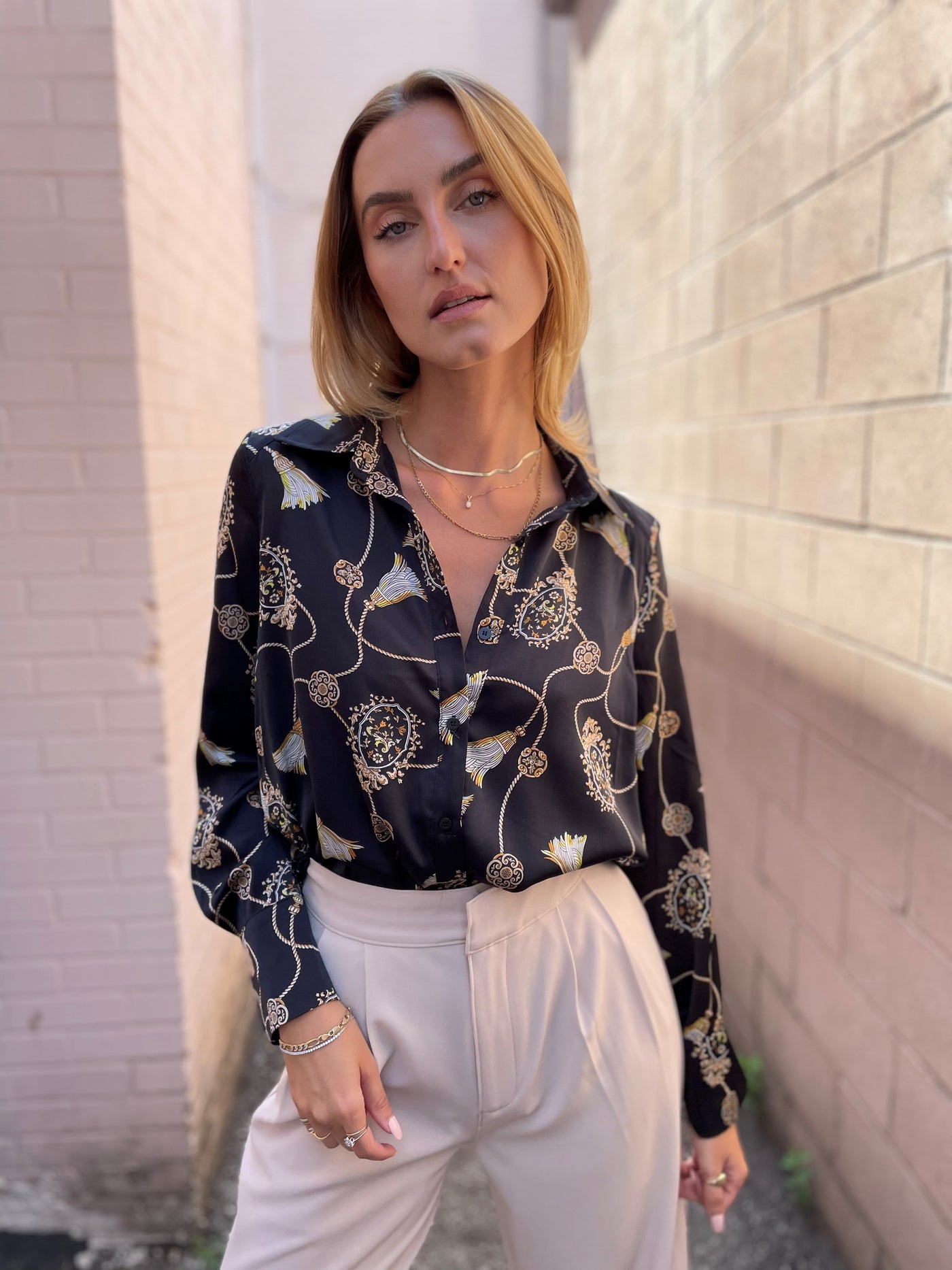 The Pink Door Tassel Print Shirt w/ Bralette - Black