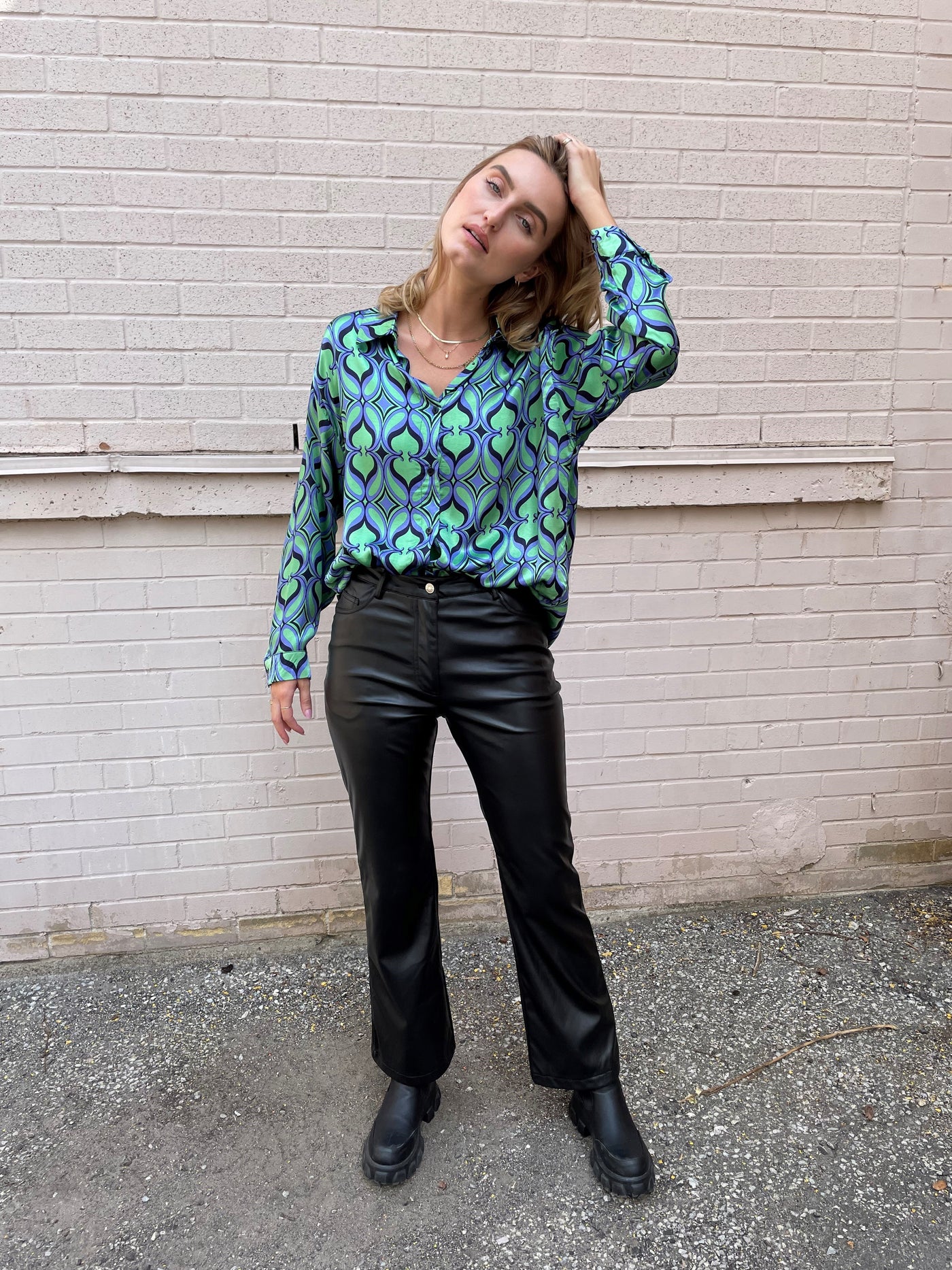 The Pink Door Green & Blue Print Silky Shirt