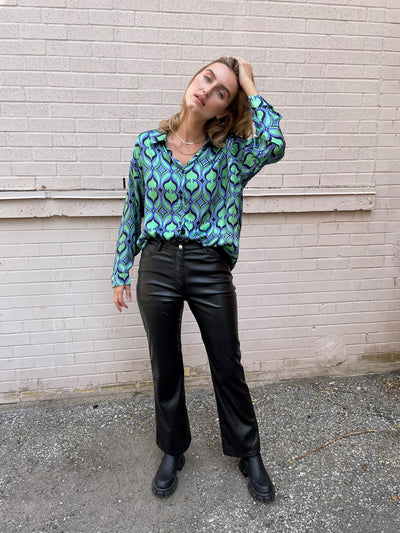The Pink Door Green & Blue Print Silky Shirt
