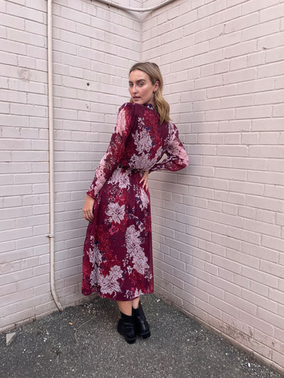 Bishop + Young Cameo Floral Print Midi Dress - Dahlia Wine