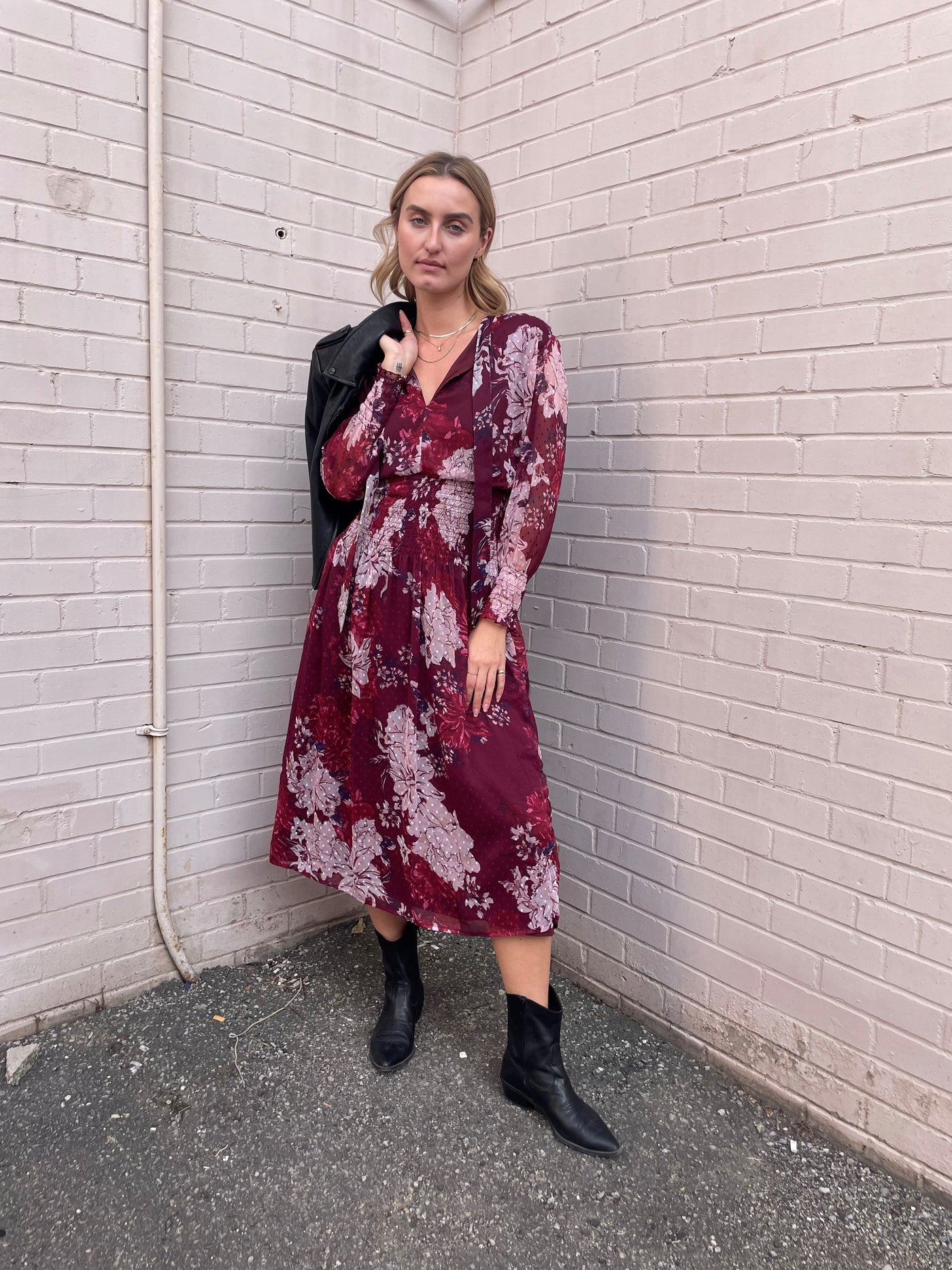 Bishop + Young Cameo Floral Print Midi Dress - Dahlia Wine