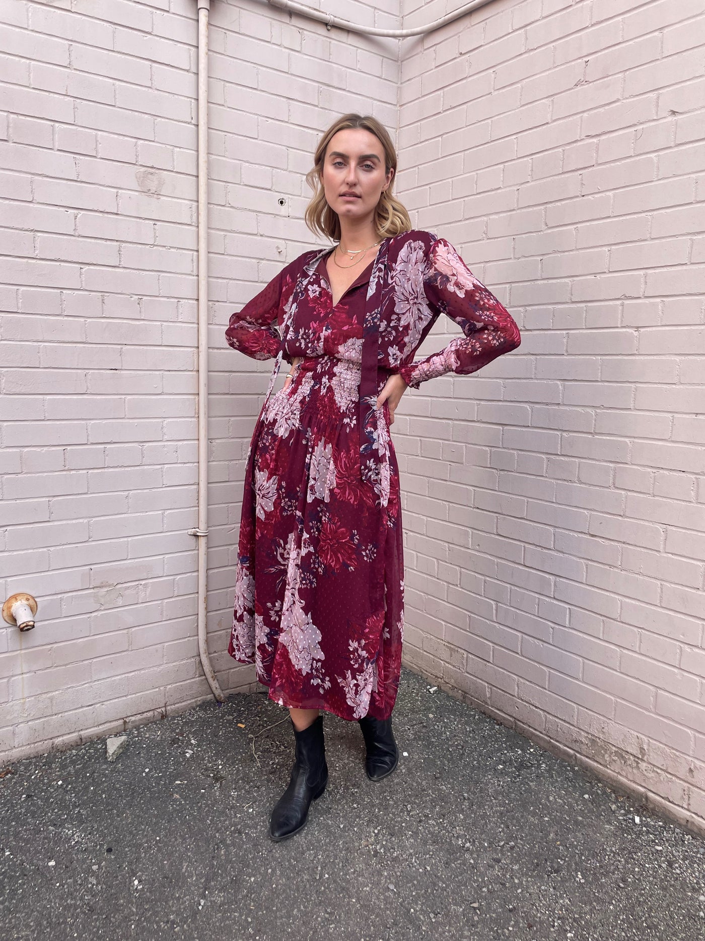 Bishop + Young Cameo Floral Print Midi Dress - Dahlia Wine