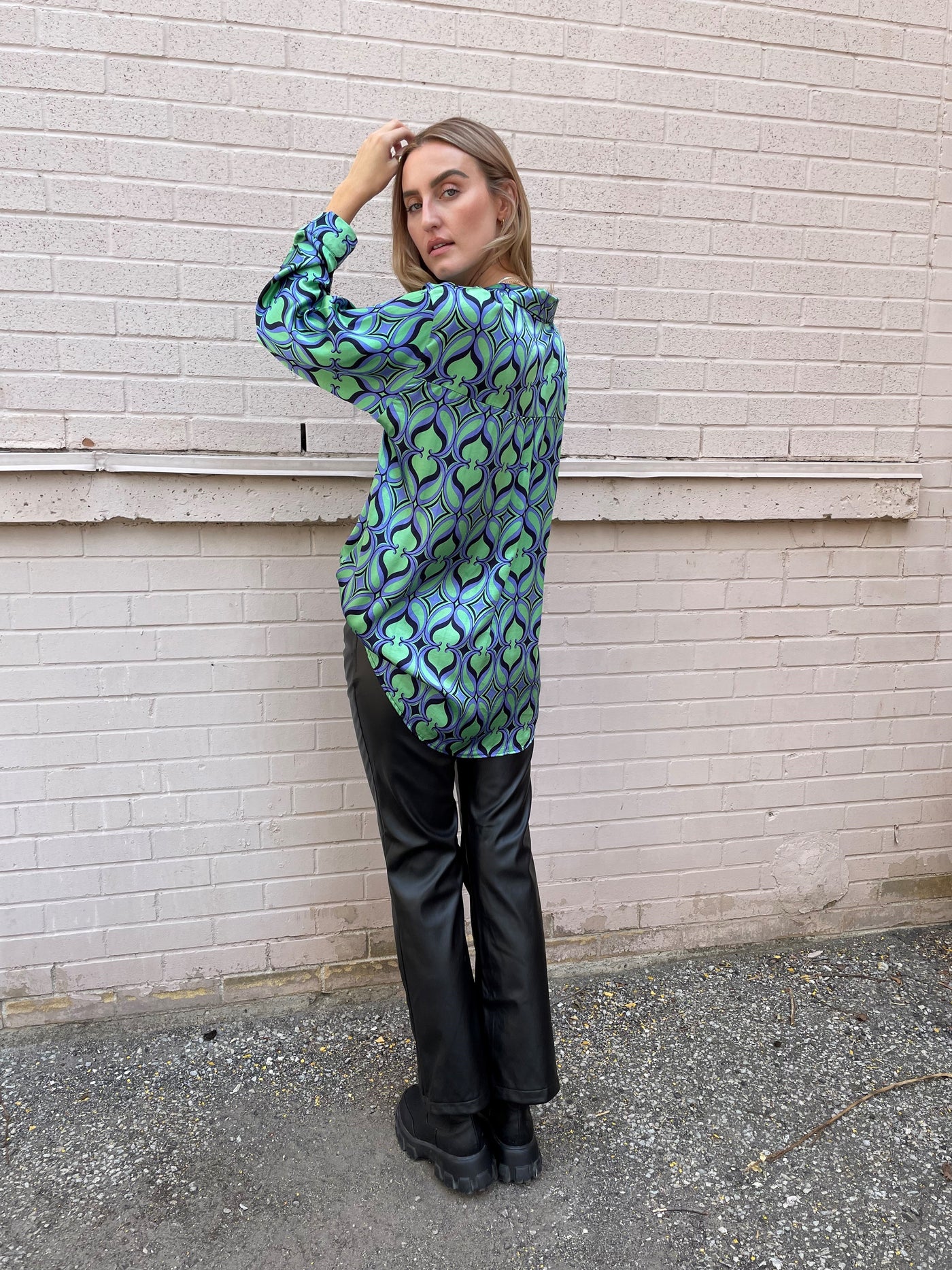 The Pink Door Green & Blue Print Silky Shirt