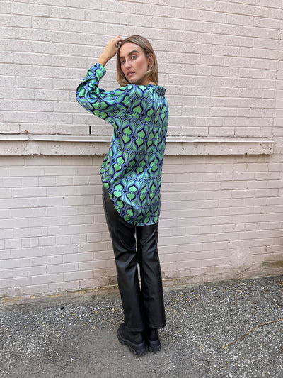 The Pink Door Green & Blue Print Silky Shirt