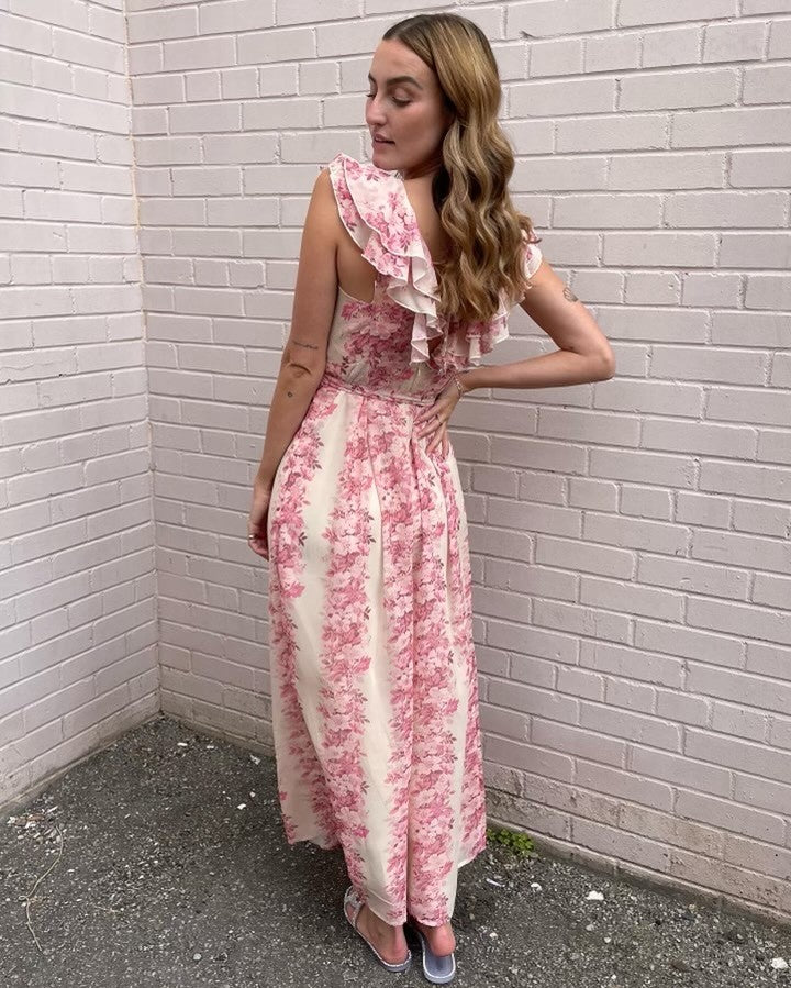 BigHit Pink Floral Ruffle Neck Romper