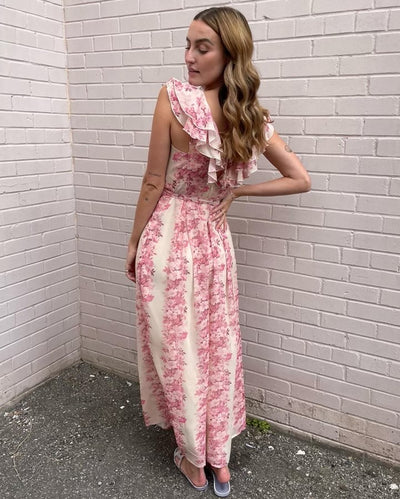 BigHit Pink Floral Ruffle Neck Romper