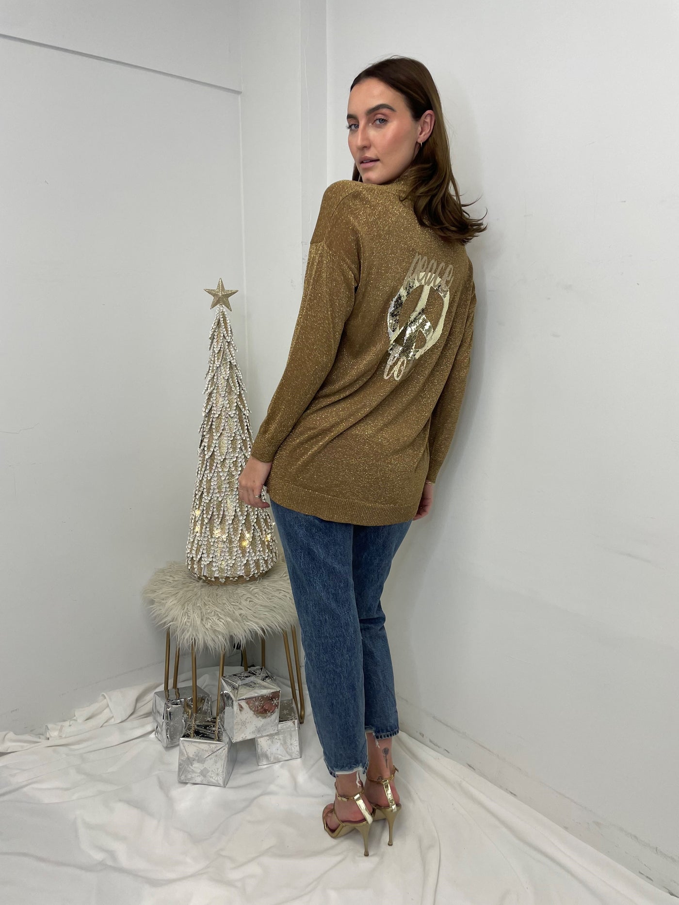 The Pink Door Gold Cardi w/ Peace Sign