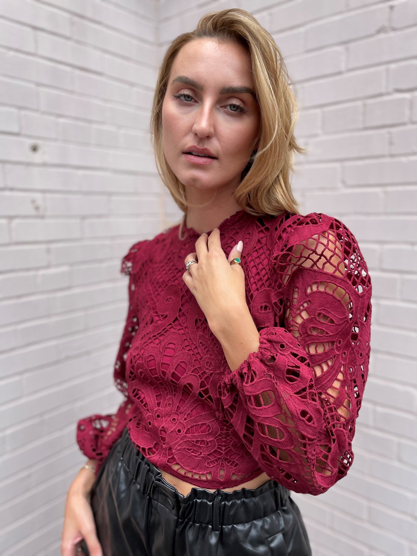 The Pink Door Wine L/S Crochet Top