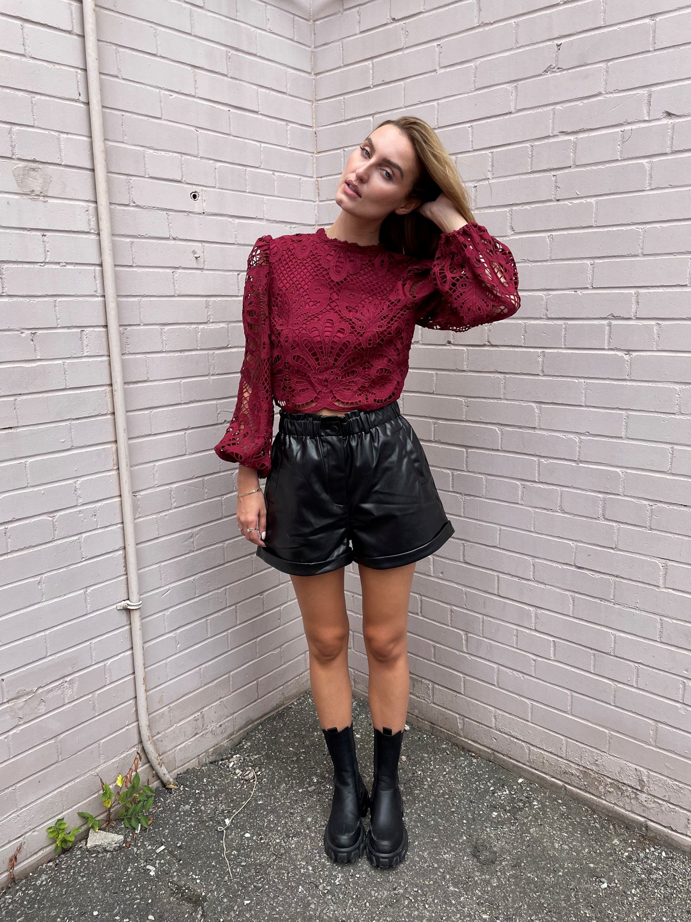 The Pink Door Wine L/S Crochet Top