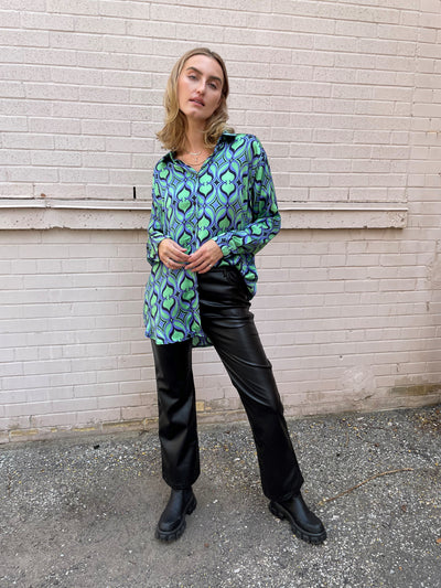 The Pink Door Green & Blue Print Silky Shirt