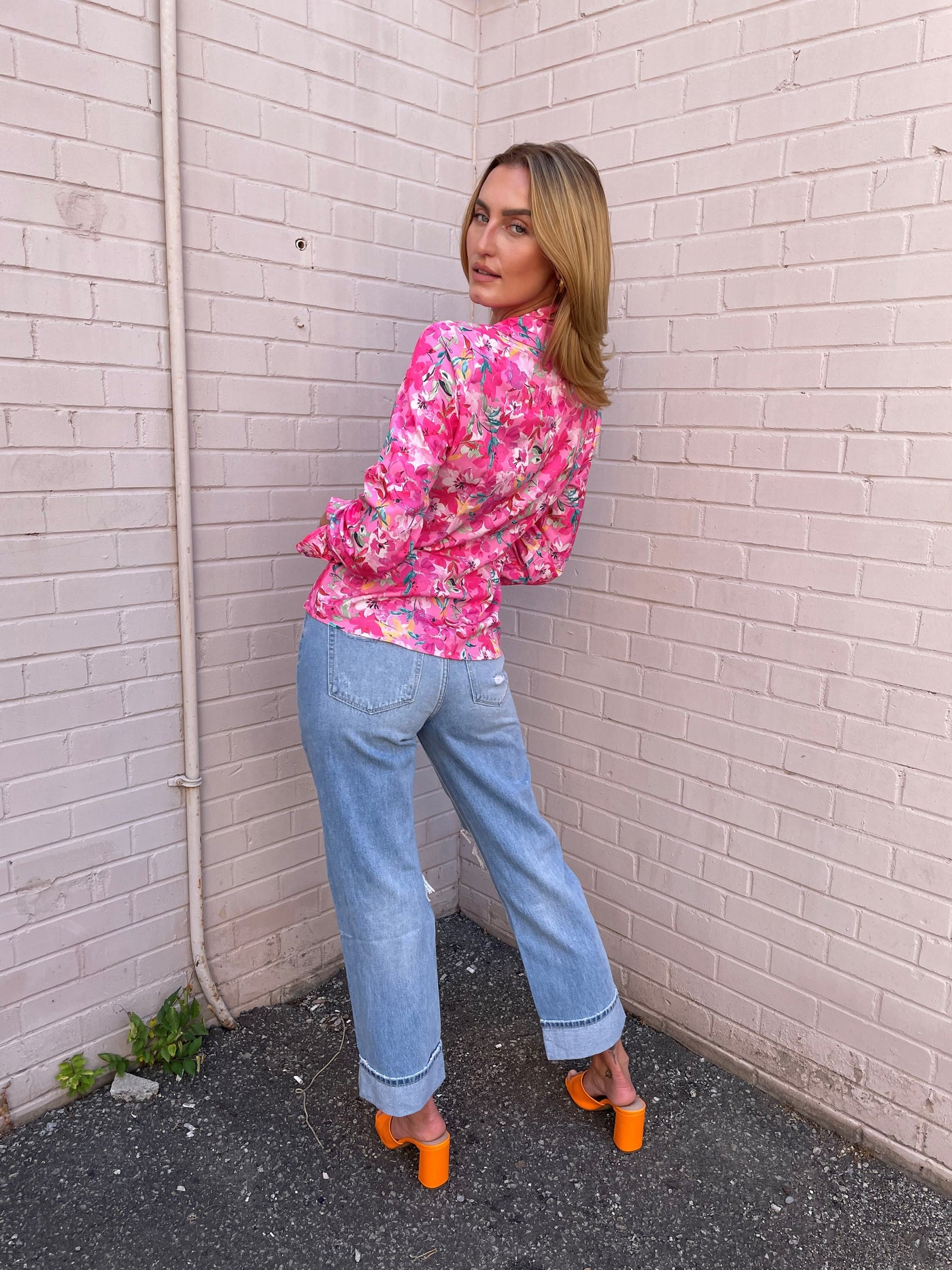 The Pink Door Pink Floral Print Shirt w/ Bow