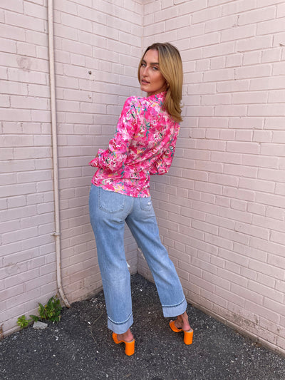 The Pink Door Pink Floral Print Shirt w/ Bow