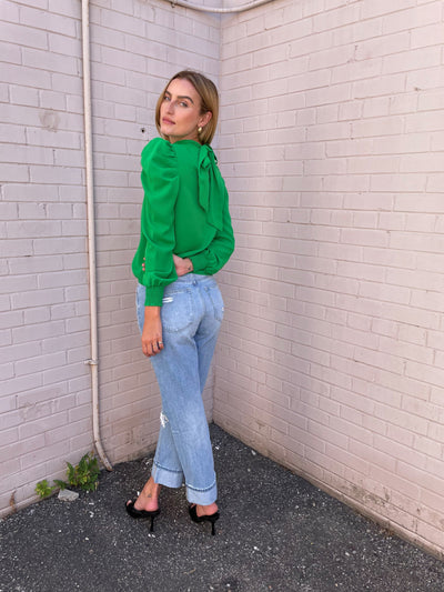 The Pink Door Green Pouf Sleeve Bow Blouse