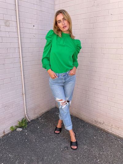 The Pink Door Green Pouf Sleeve Bow Blouse