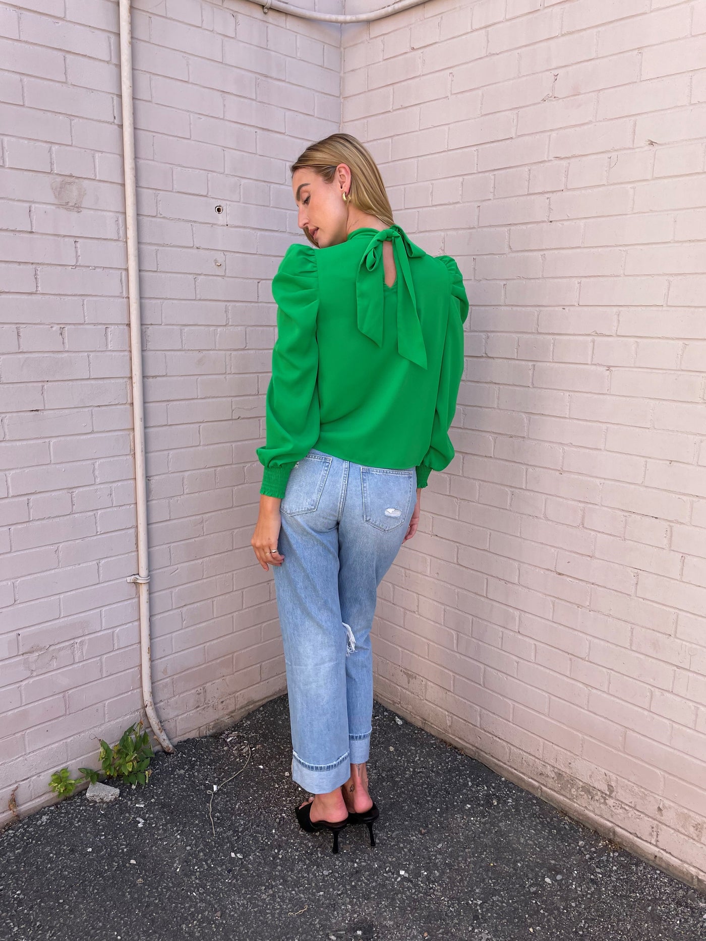 The Pink Door Green Pouf Sleeve Bow Blouse