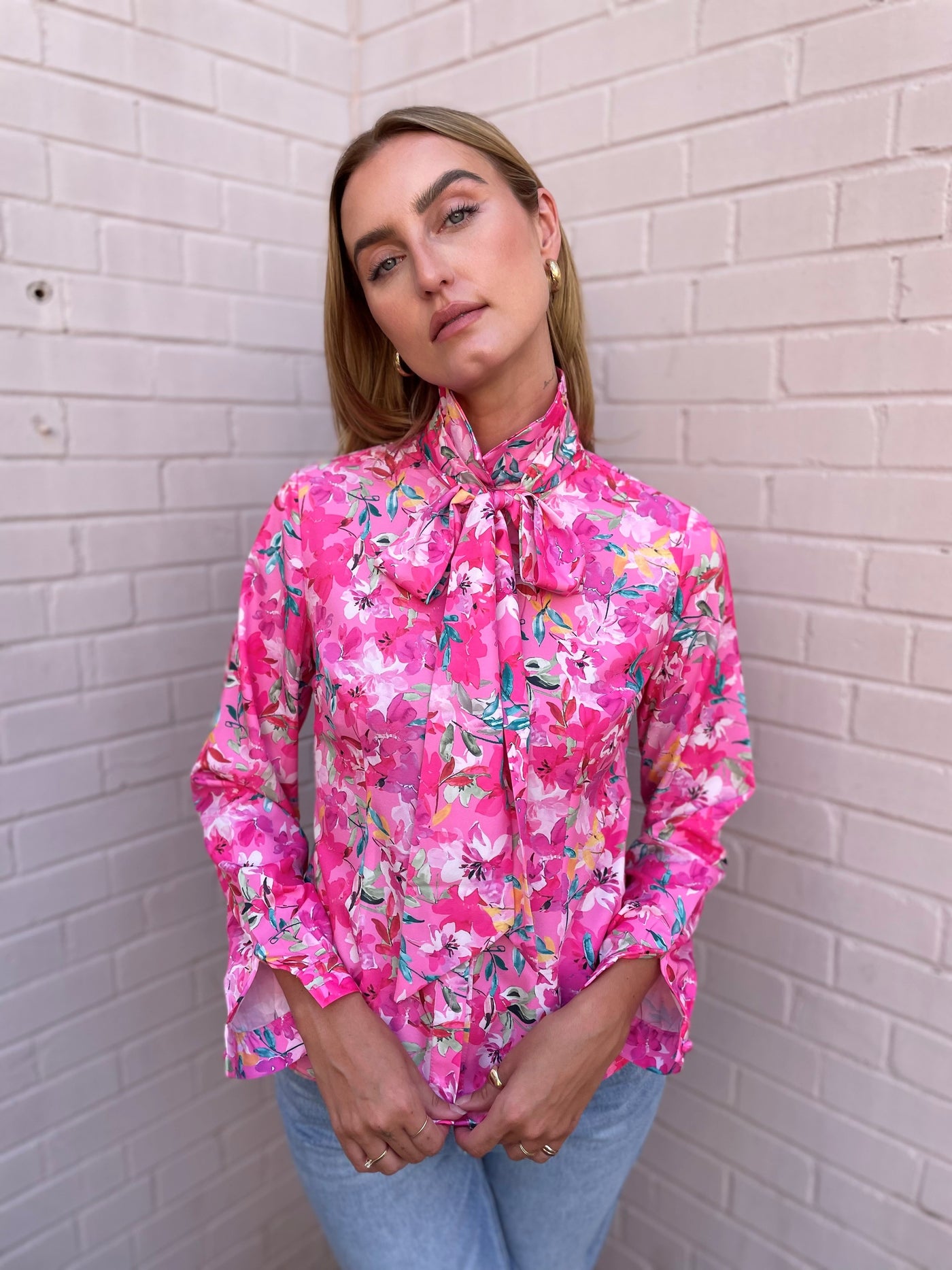 The Pink Door Pink Floral Print Shirt w/ Bow
