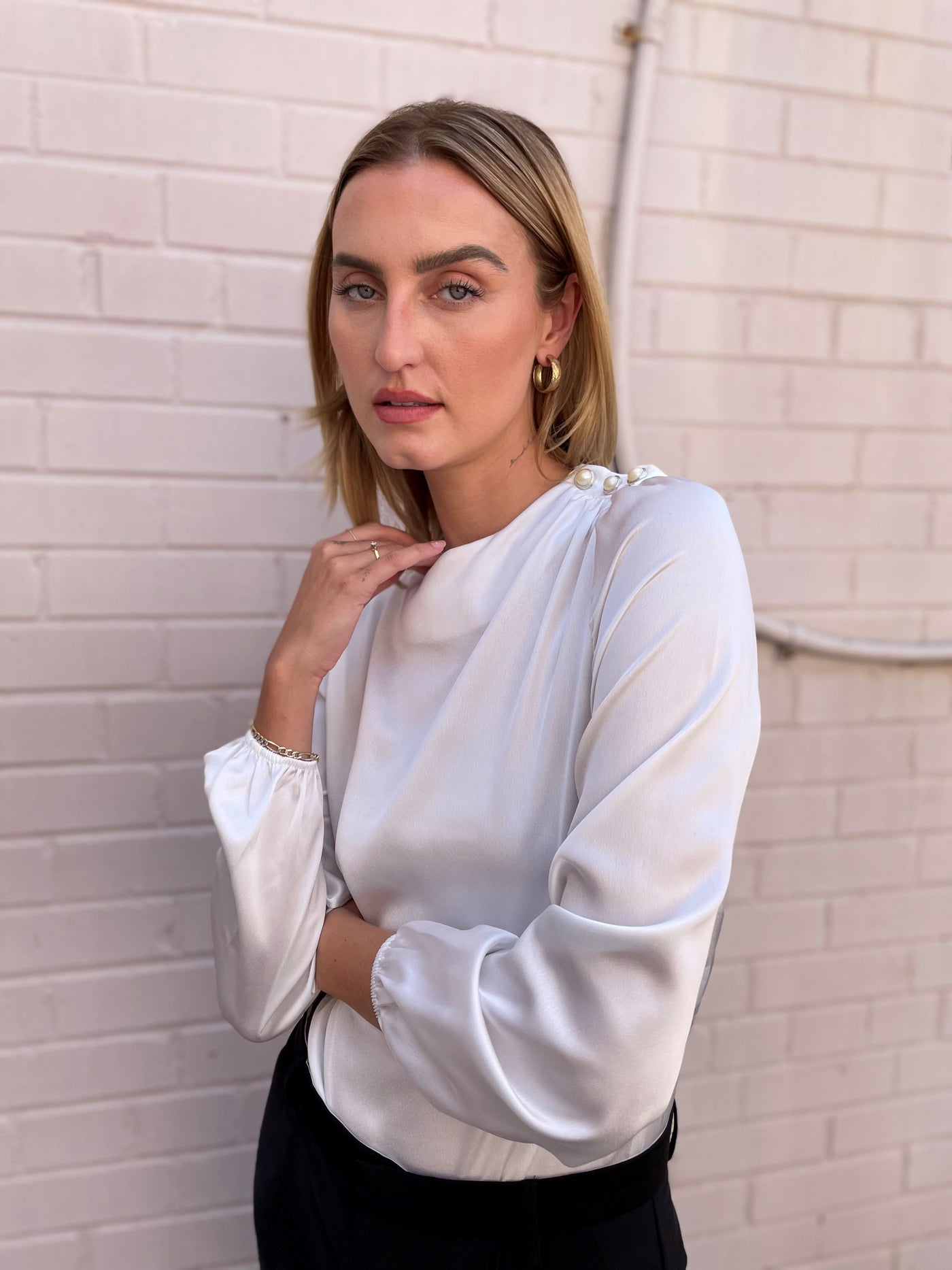 The Pink Door Pearl Detail Silky Top - White
