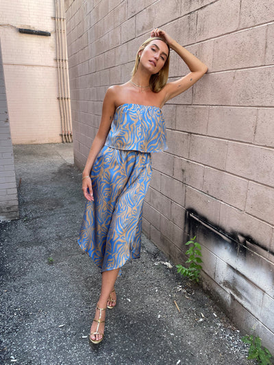 The Pink Door Blue & Oyster Print Satin Strapless Romper