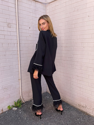 The Pink Door Rhinestone & Feather Trim Pants - Black