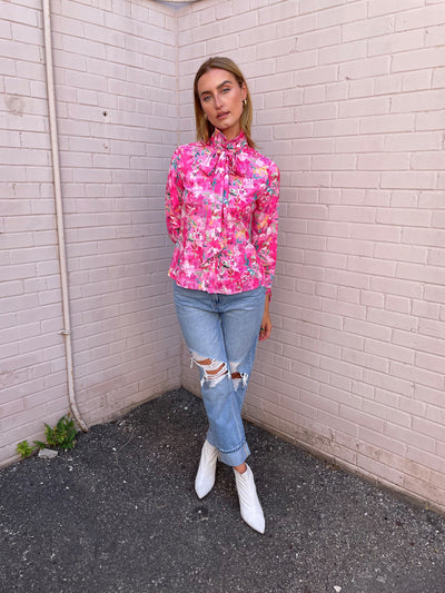 The Pink Door Pink Floral Print Shirt w/ Bow