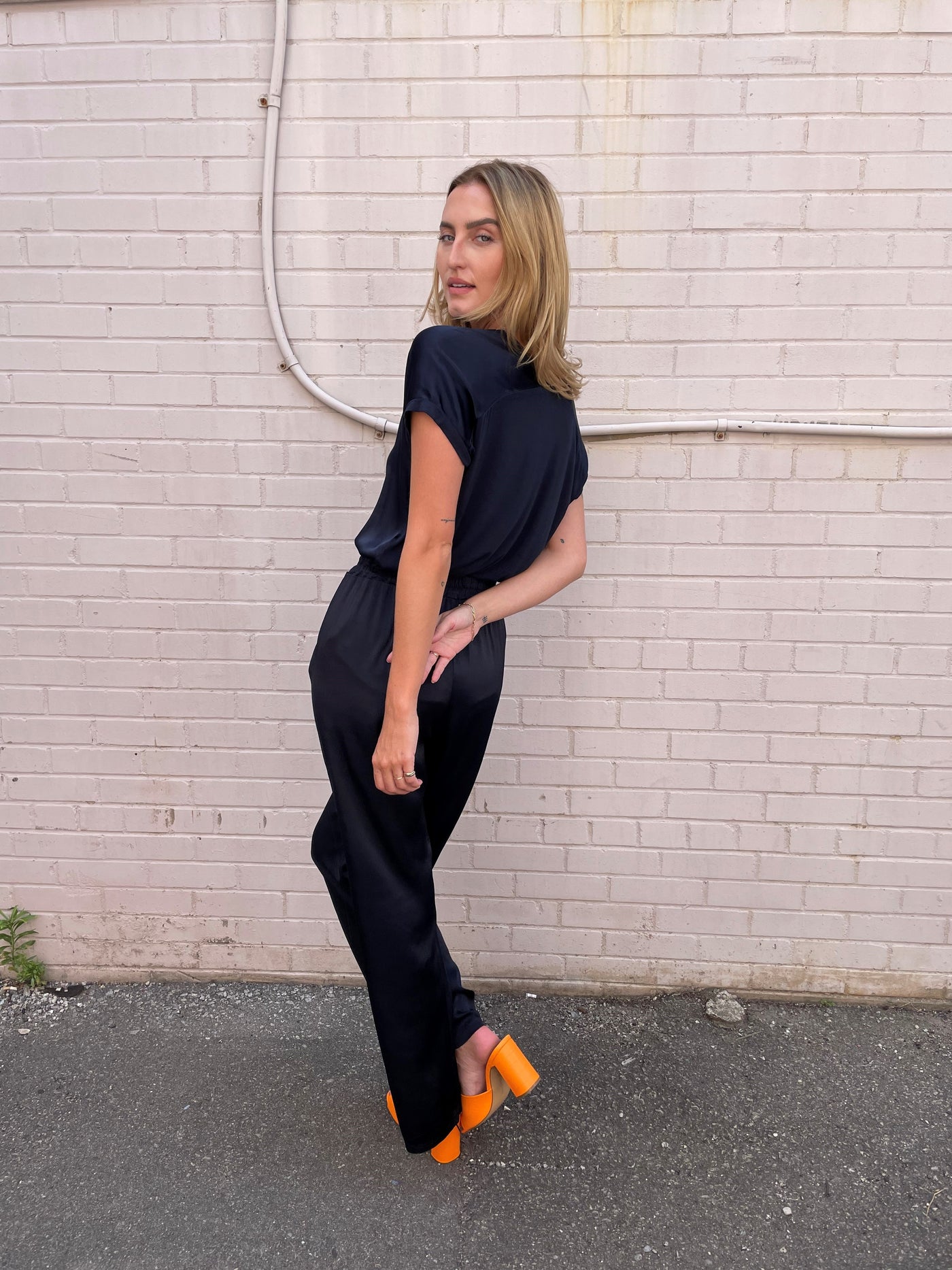 The Pink Door Silky Wide Leg Pant - Navy