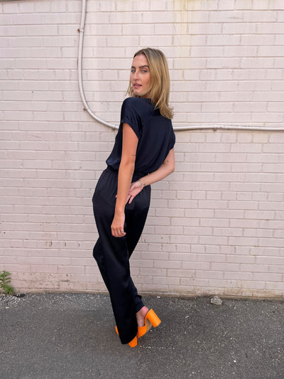 The Pink Door Silky Wide Leg Pant - Navy