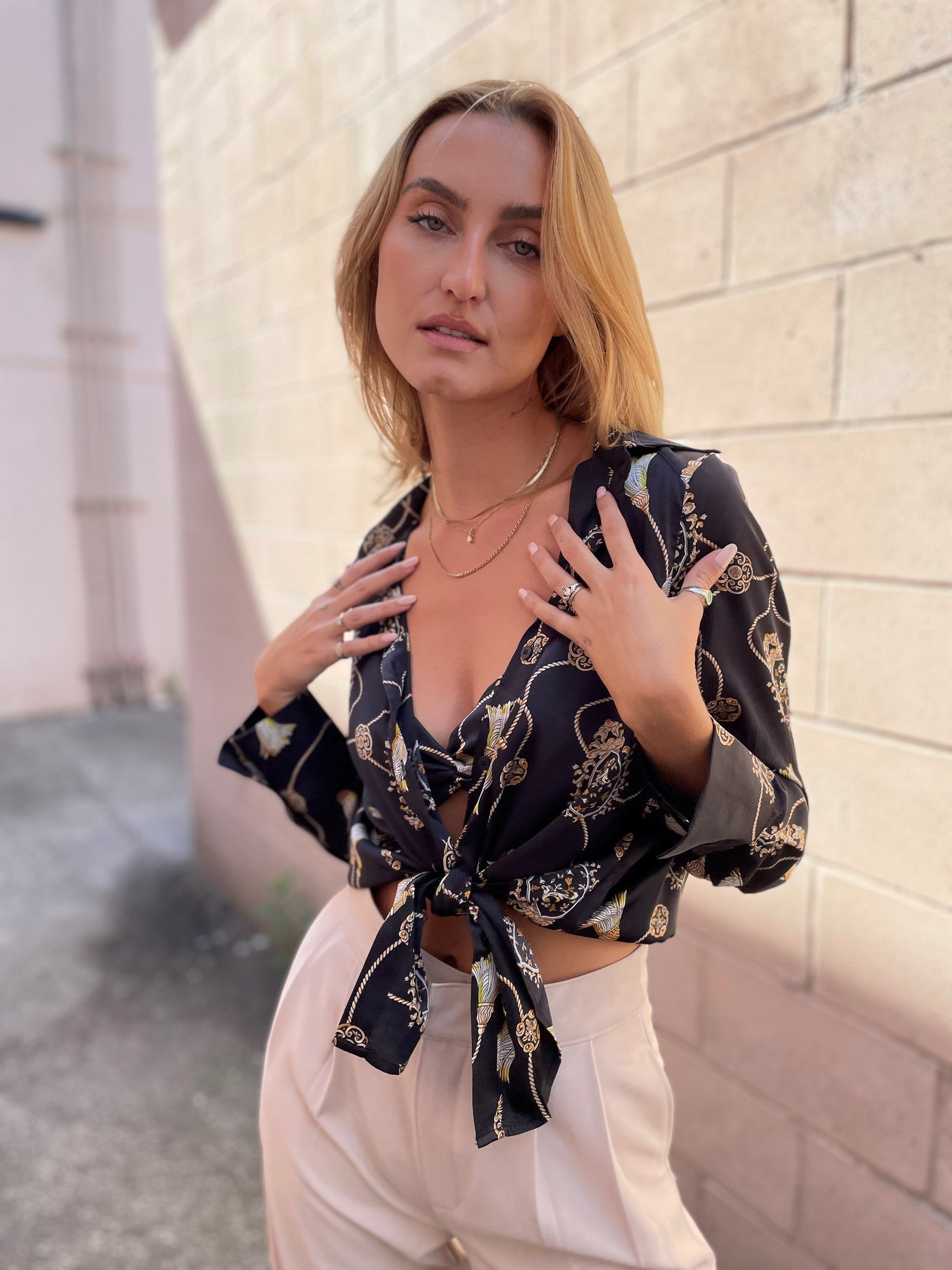The Pink Door Tassel Print Shirt w/ Bralette - Black