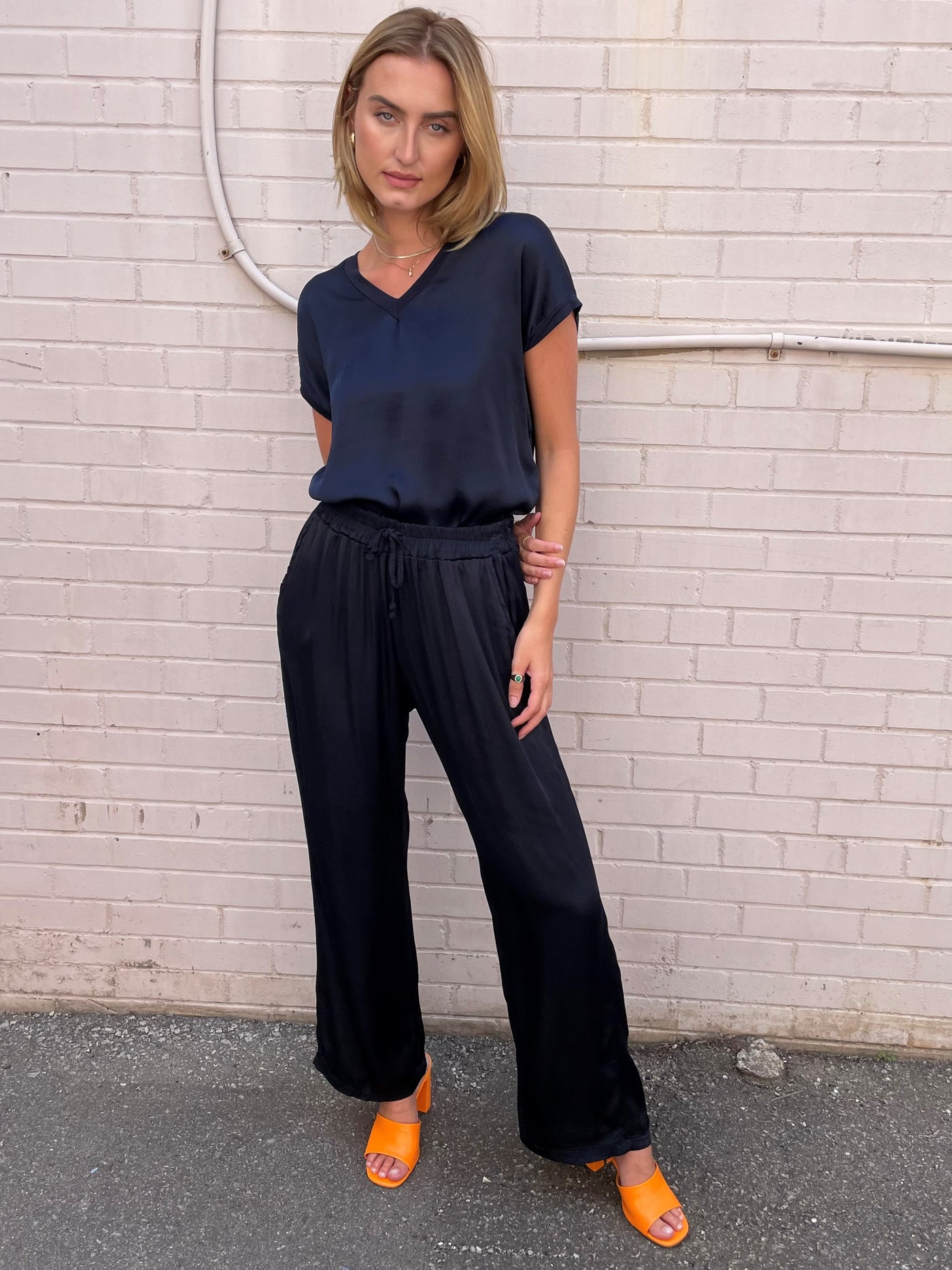 The Pink Door Silky Wide Leg Pant - Navy