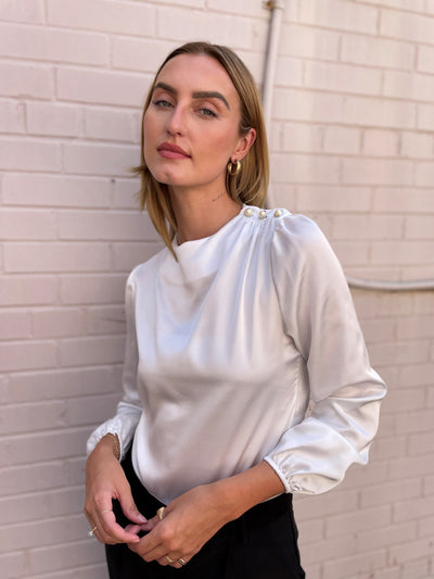 The Pink Door Pearl Detail Silky Top - White