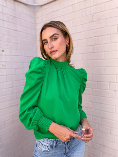 The Pink Door Green Pouf Sleeve Bow Blouse