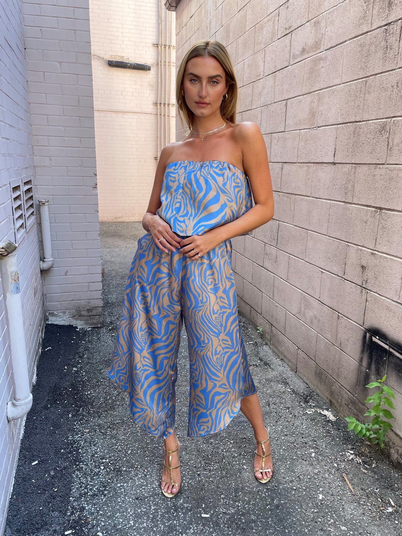 The Pink Door Blue & Oyster Print Satin Strapless Romper