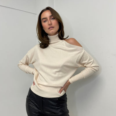 The Pink Door Cut Out Shoulder Turtleneck - Cream