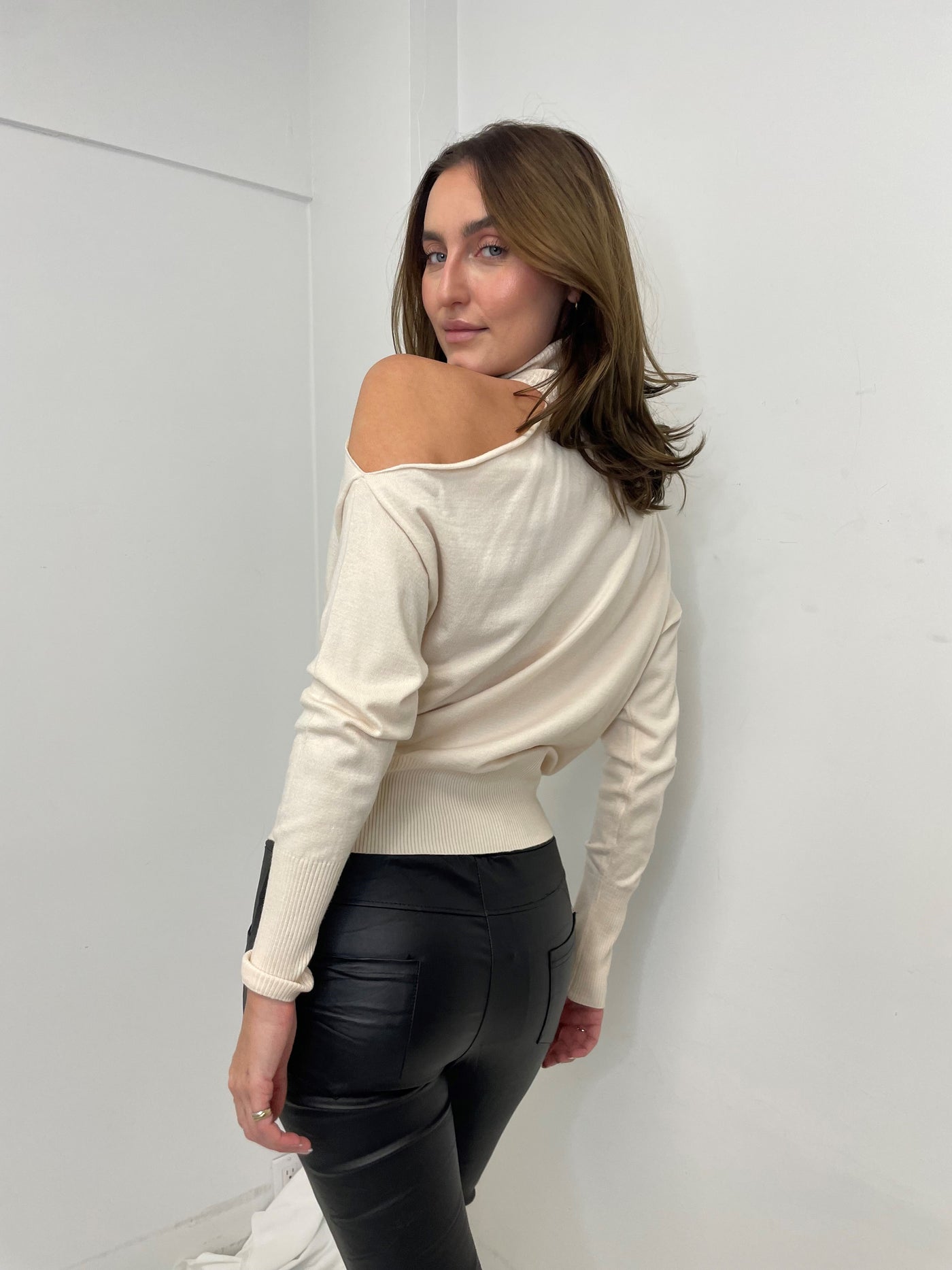 The Pink Door Cut Out Shoulder Turtleneck - Cream