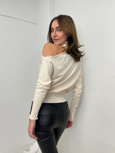 The Pink Door Cut Out Shoulder Turtleneck - Cream