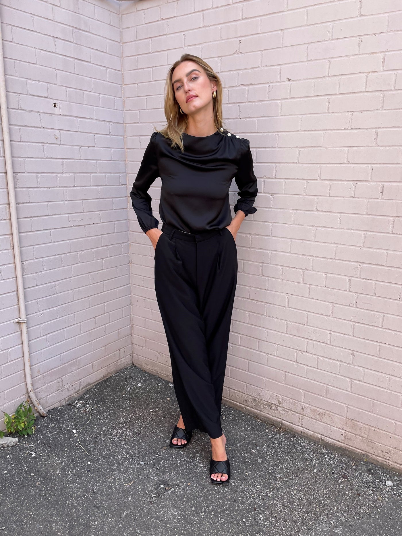 The Pink Door Pearl Detail Silky Top - Black
