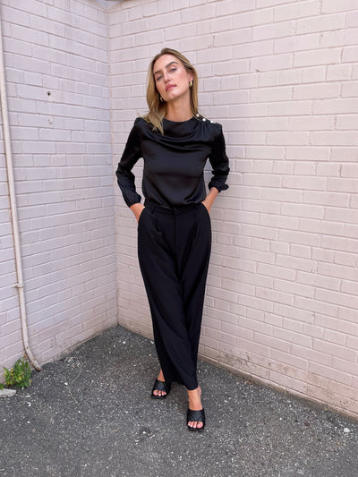 The Pink Door Pearl Detail Silky Top - Black